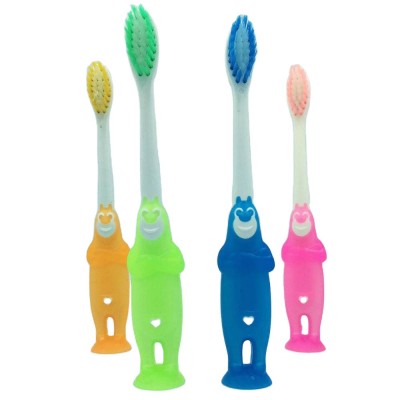 Cartoon  bear shaped soft rubber handle children toothbrush with suction bottom